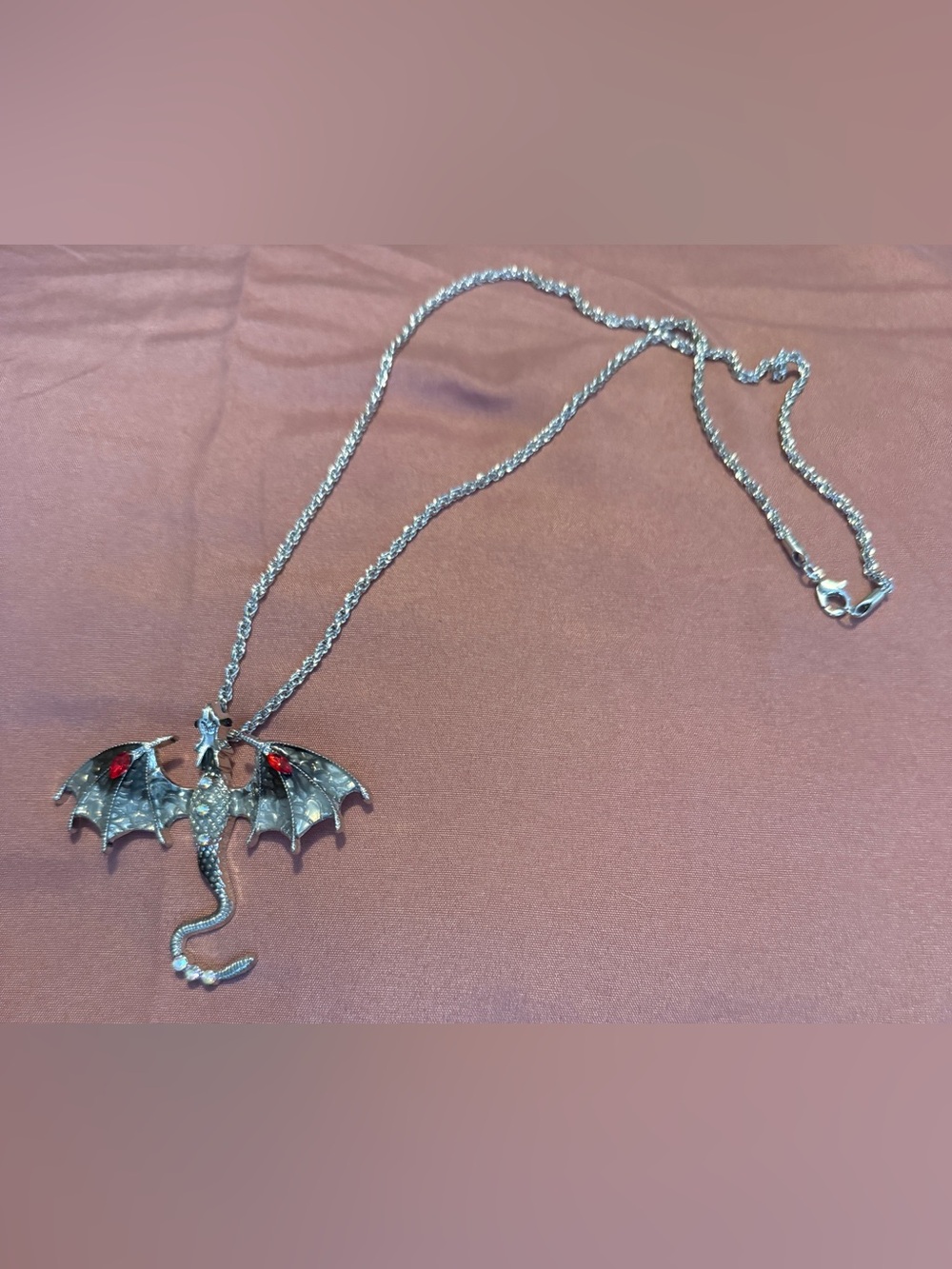 Silver Dragon Pendant Necklace with Red Gem Accents